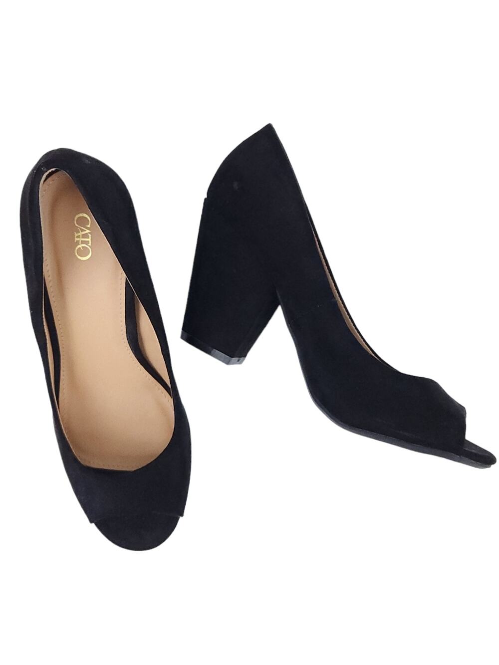Cato Heels Black Block Heel Open Toe Faux Suede Career Shoes Size 8 Casual